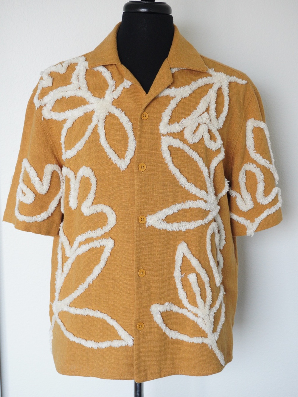 Zara Mustard Short Sleeve Button-Down with White Textured Floral